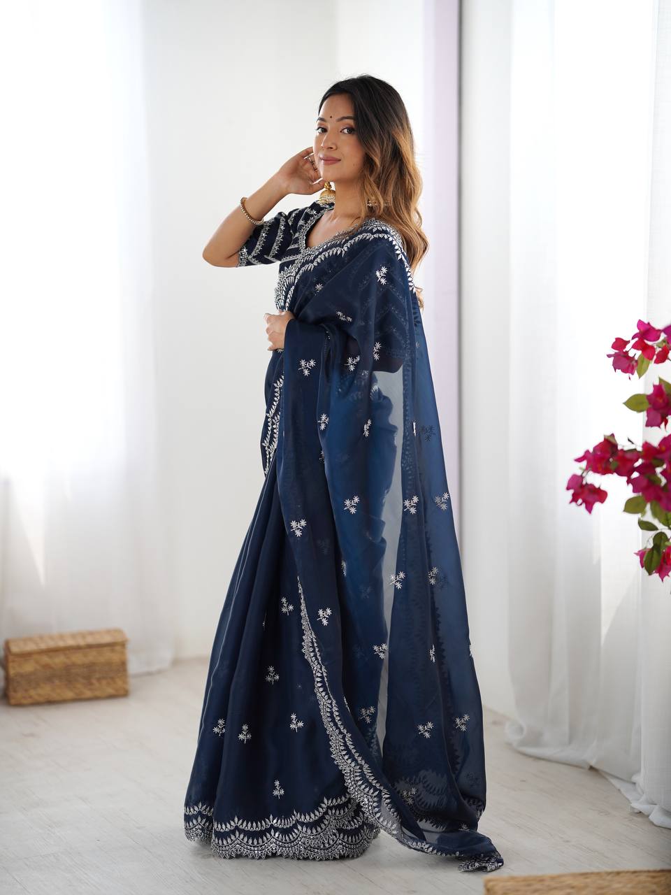 Women's Elegant Regal Purple Georgette Saree with Intricate Silver Thread & Sequin Embroidery β Complete with Embellished Blouse Piece for Festive & Party Wear - Image 13